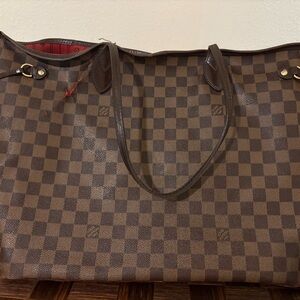 Louis Vuitton Brown Checkered Tote with Red Interior